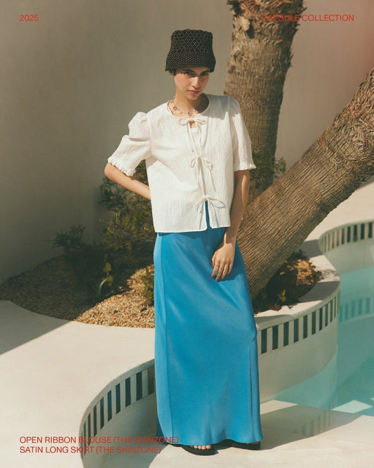 【 NEW ARRIVALS 】OPEN RIBBON BLOUSE ＆ SATIN LONG SKIRT