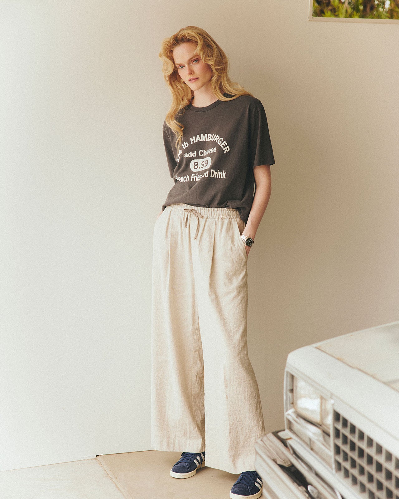 COTTON LINEN TACK WIDE PANTS