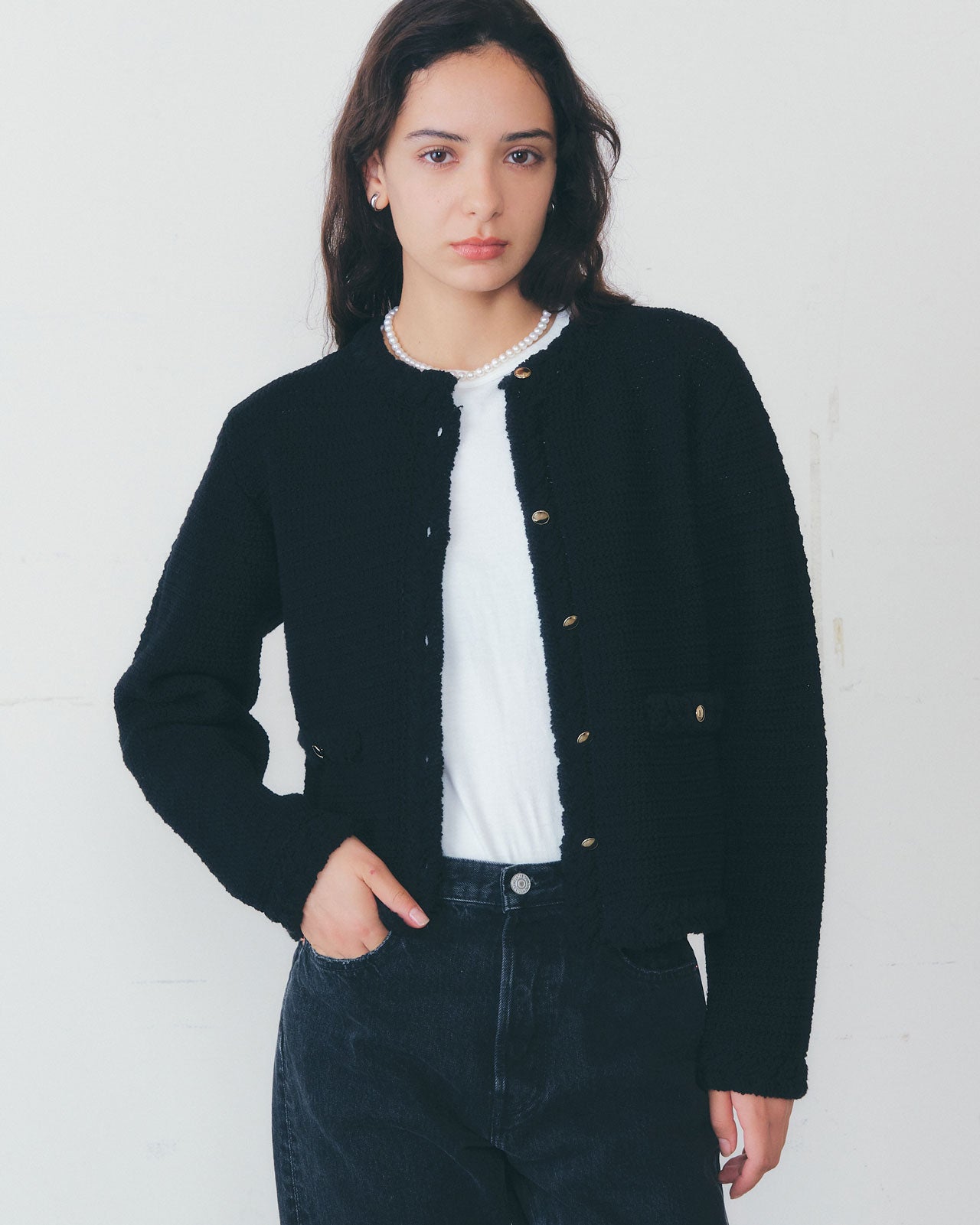 ファビアナフィリッピ　ニットジャケット　胸ポケット　モニーレ装飾　黒　コットン CROCHET KNIT JACKET – Shinzone