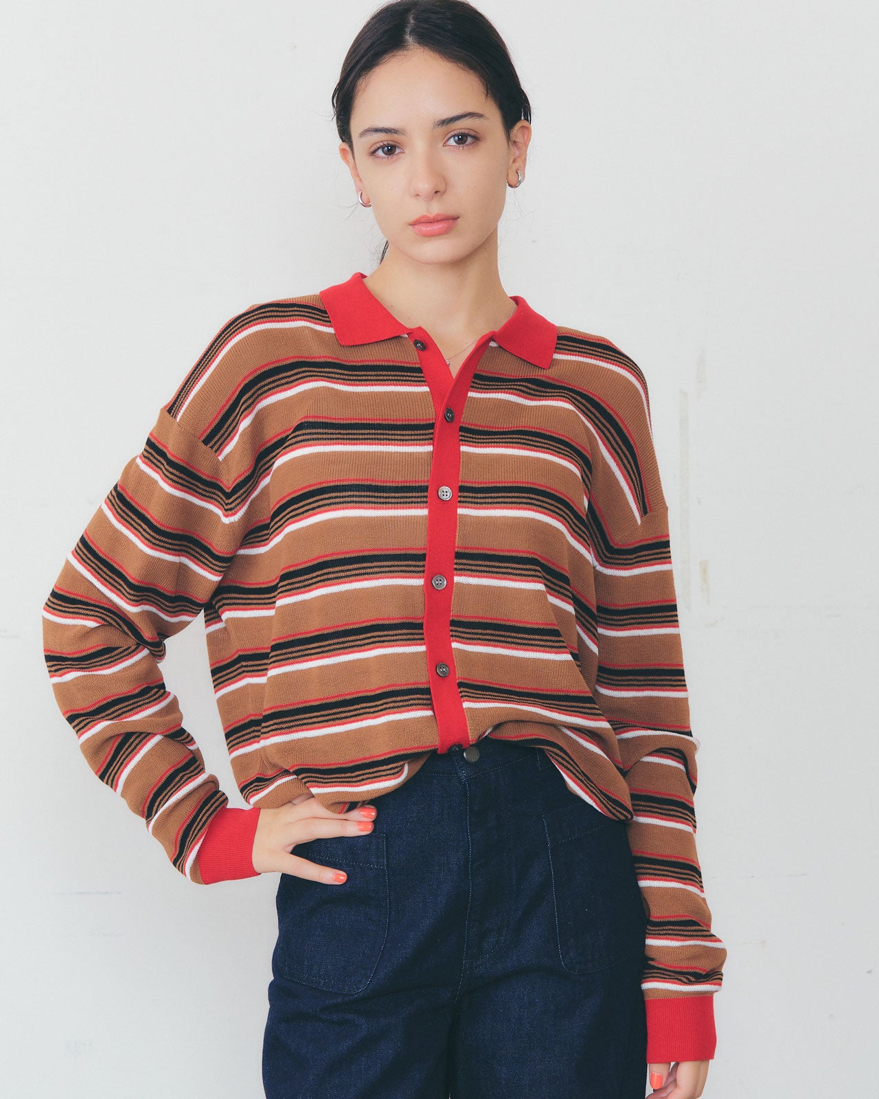 【4月中旬お届け】MULTI-STRIPED POLO KNIT CARDIGAN