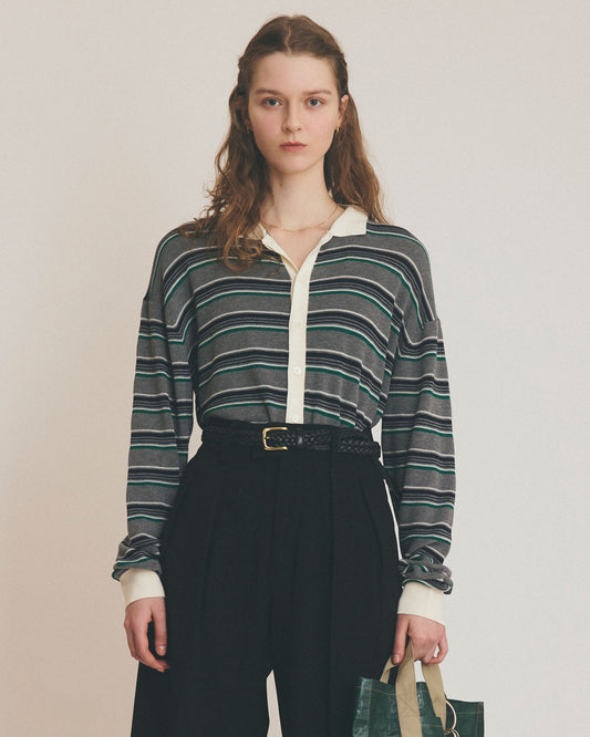 【4月中旬お届け】MULTI-STRIPED POLO KNIT CARDIGAN